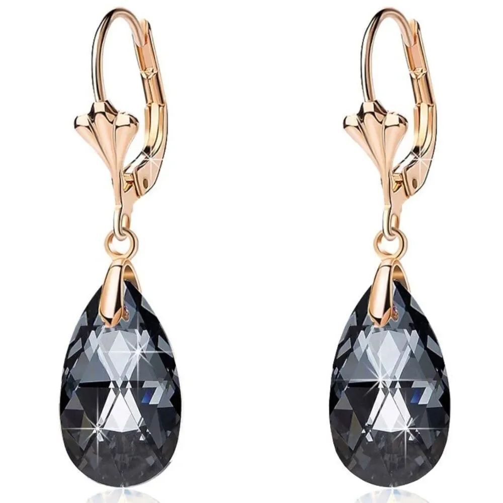 14K Yellow Gold with Charcoal Gray Austrian Crystal Teardrop Leverback Earrings